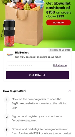 Get ₹150 Cashback on Your First Bigbasket Order of ₹299+!