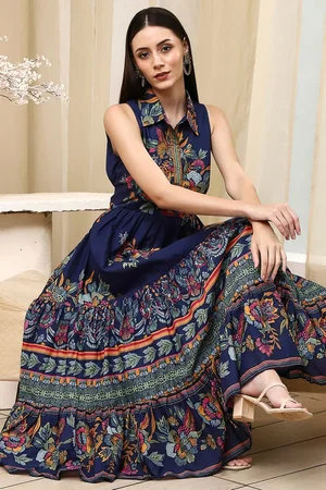 Grab the Indigo Cotton Floral Tiered Dress Now!