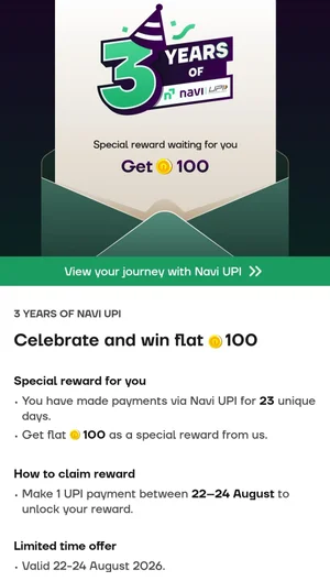 Get 100 Navi Coins with 3-Year Navi UPI Transaction!