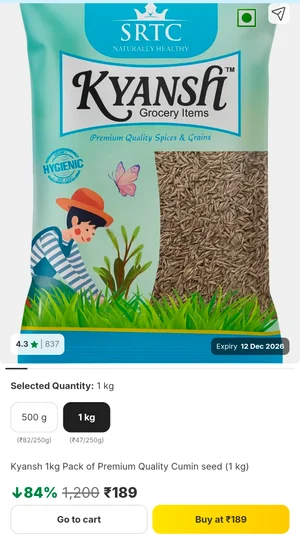Premium Cumin Seeds 1kg for Just ₹189 - Limited Stock!