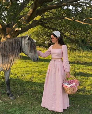 Chic Soft Pink Balloon Sleeves Top & Skirt Set